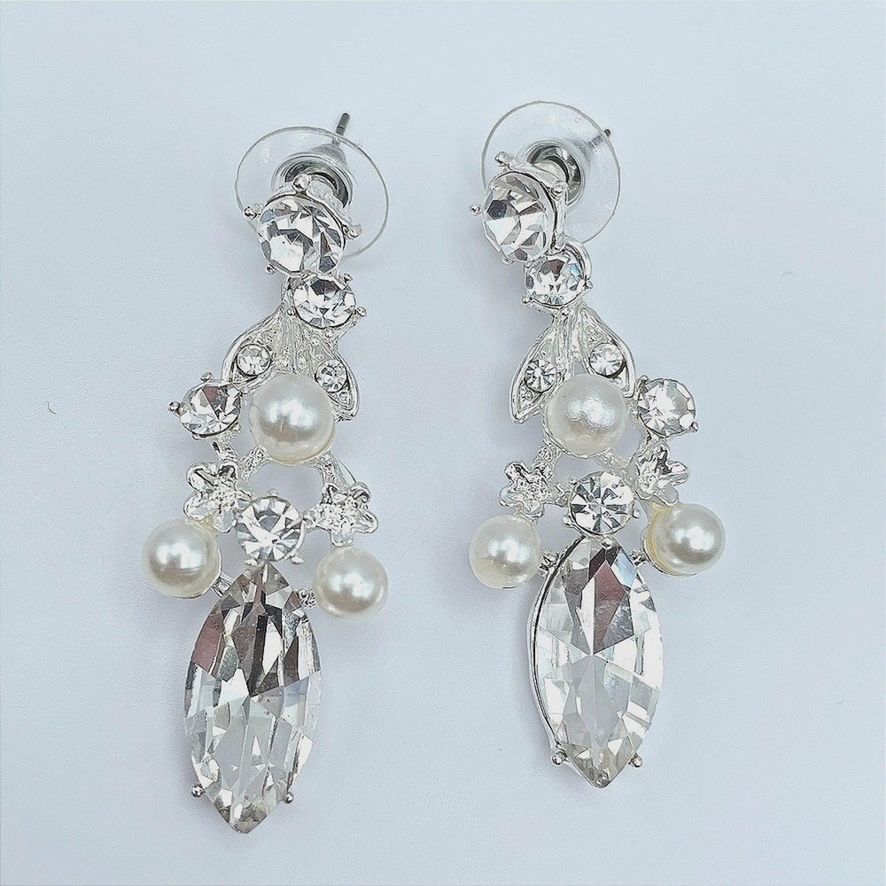 Vintage 90s Silver Tone Dangle Earrings Faux Pearl Rhinestone Women's Jewelry